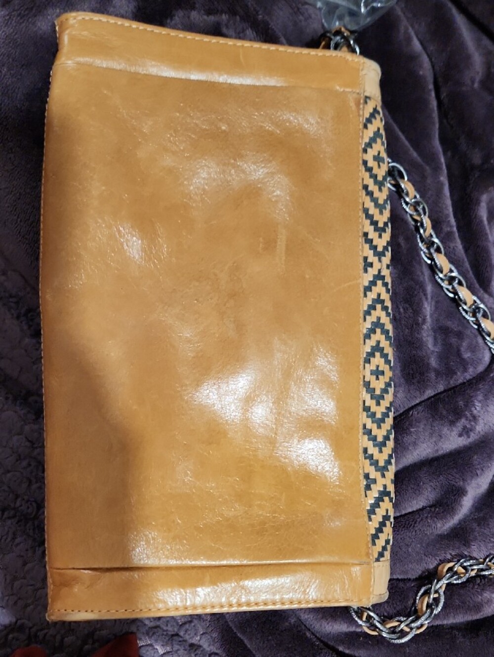 Elliott Lucca - Tan Woven Leather Shoulder Bag or Large Clutch w/Pewter Hardware - Picture 5 of 7